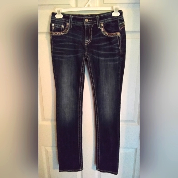 Miss Me Denim - Womens Miss Me Denim Skinny Straight Jeans with Embellished Pockets